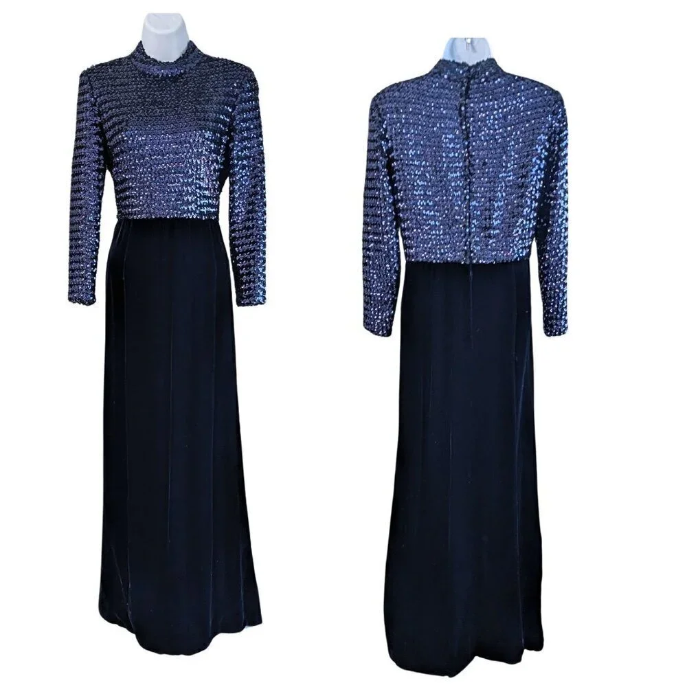 Vintage 60s Country Miss THE SUBURBAN Blue Sequin Velvet Blocked Evening Dress S